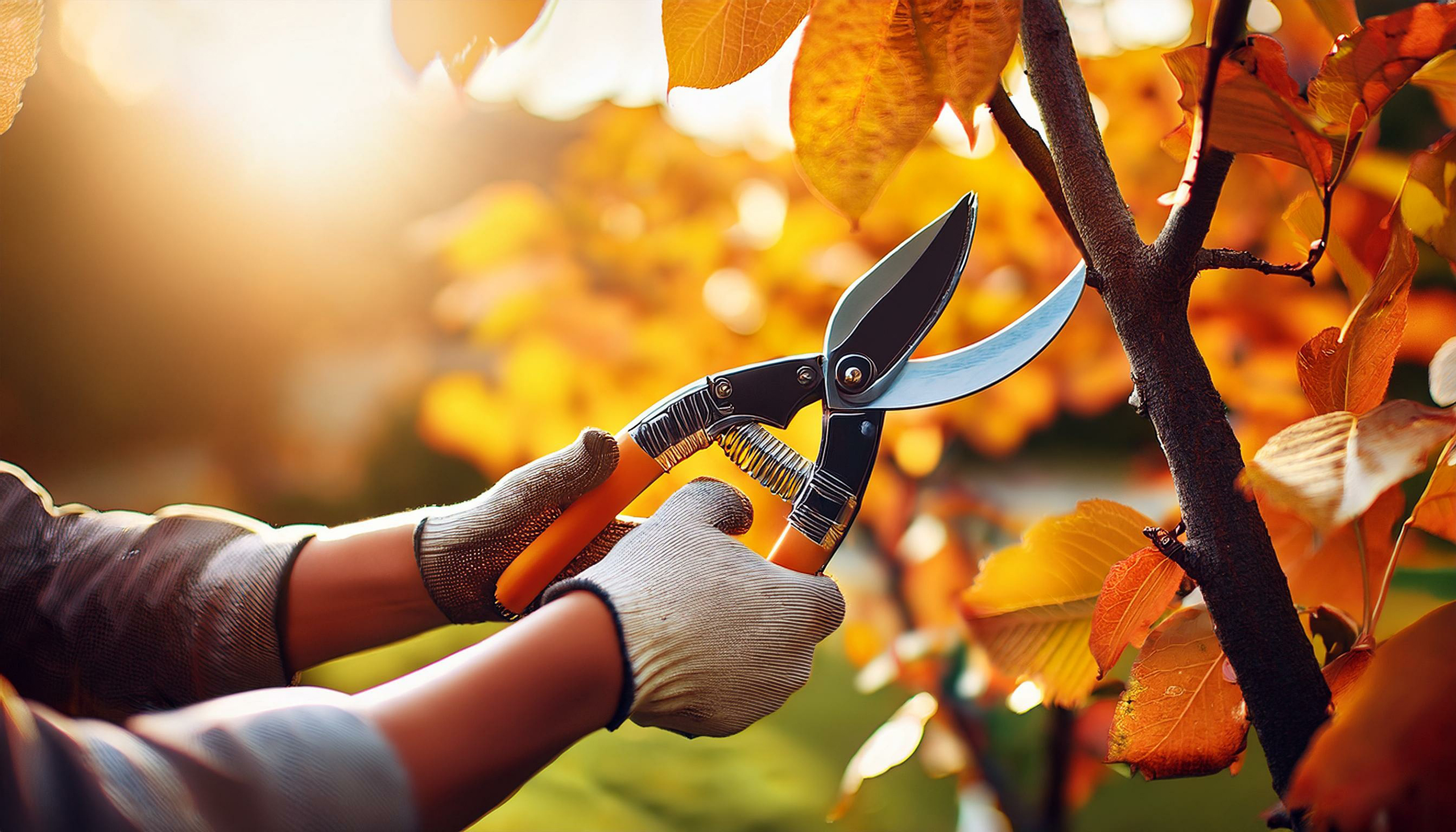 Autumn trees trimming with pruning shears in the garden